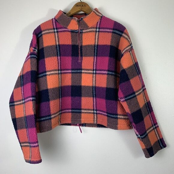 AMERICAN EAGLE Pink Multi Plaid Cropped Fleece ‎ 1/4 Zip Top/Blouse Size Medium - Picture 1 of 7